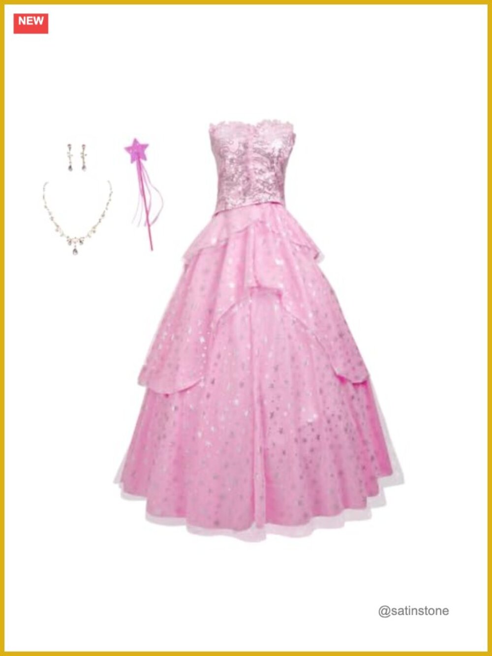 Pink Tulle Cosplay Costume Dress Set Tube Top Star Sequin Layered Skirt